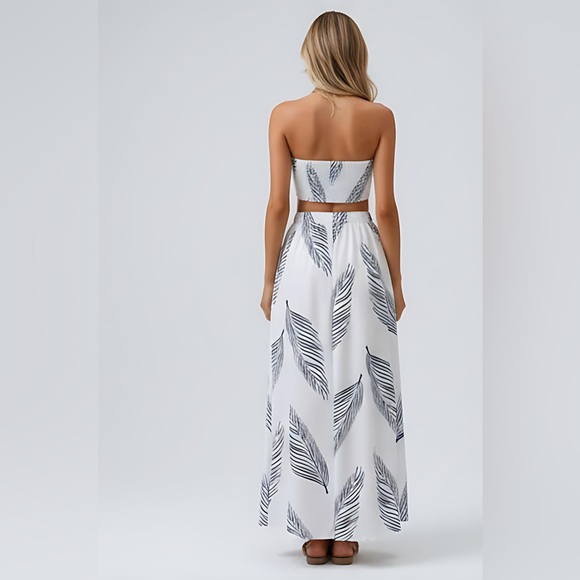 Boho White Tropical Print Tube Top & Split Thigh Skirt* - Picture 2 of 10